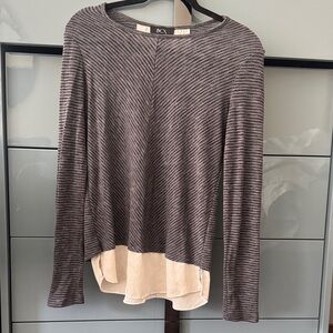 BCX Women's Long Sleeve Striped Top - Gray and Black with Cream Underlayer